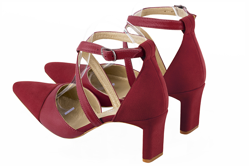 Cardinal red women's open side shoes, with crossed straps. Tapered toe. Medium comma heels. Rear view - Florence KOOIJMAN